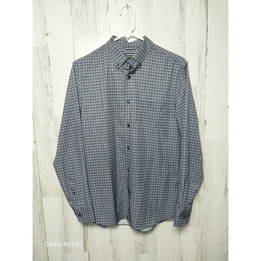 Nordstrom Tech Smart Trim Fit Button Blue Check Shirt Men's Medium